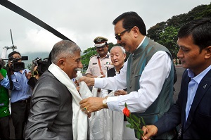 The Governor designate Brig. (Dr.) B.D. Mishra (Retd.) received by Deputy Chief Minister Shri Chowna  Mein at Raj Bhavan Helipad, Itanagar on 3rd October2017. 